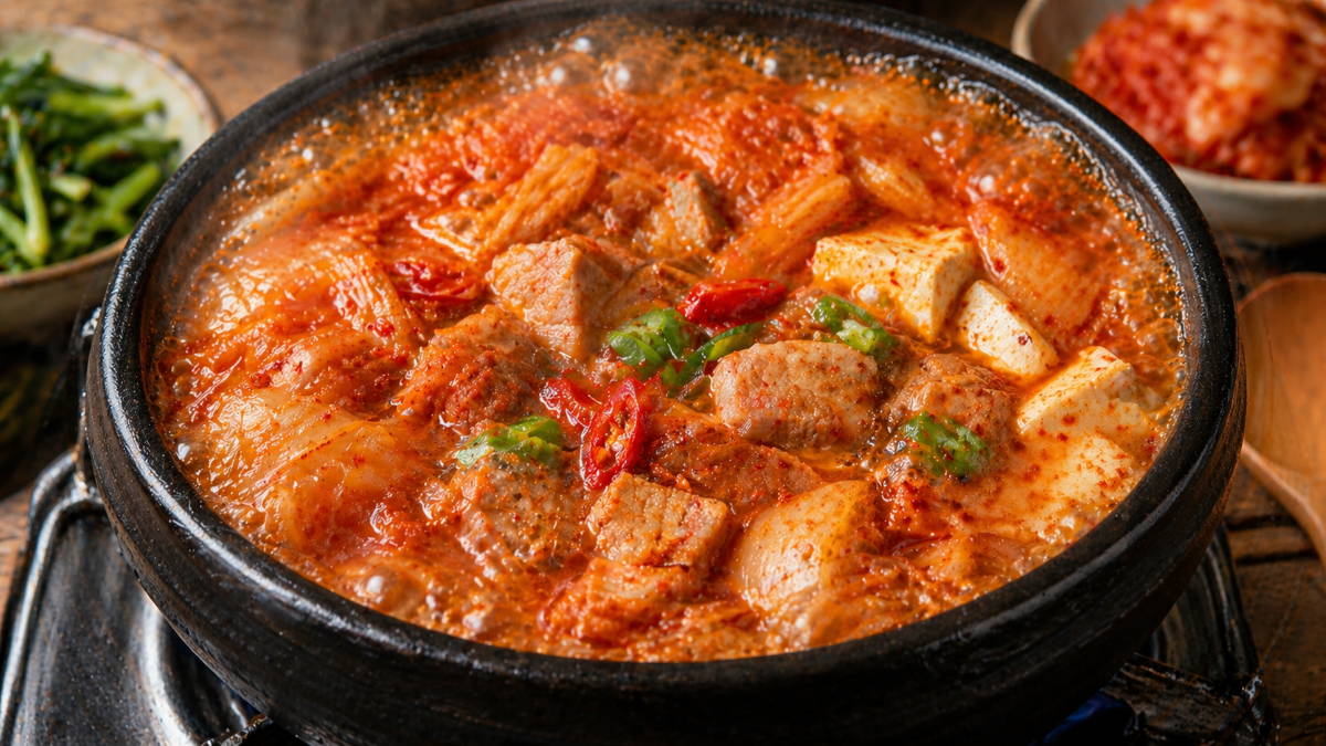 돼지고기 김치찌개가 뚝배기에서 보글보글 끓고 있는 모습