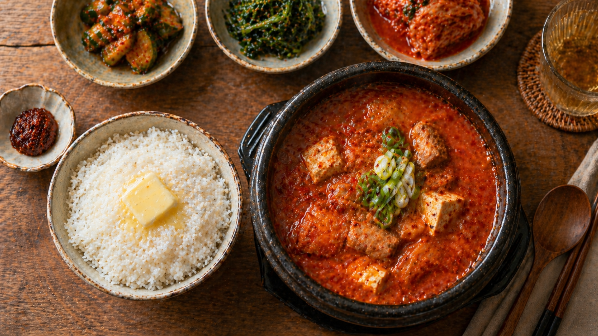 버터 올린 흰쌀밥과 돼지고기 김치찌개를 함께 차린 한 상
