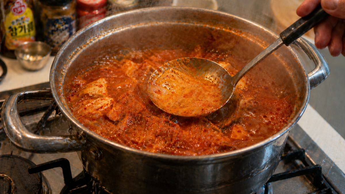 김치찌개 끓이는 중 거품을 걷어내며 맛을 조절하는 모습