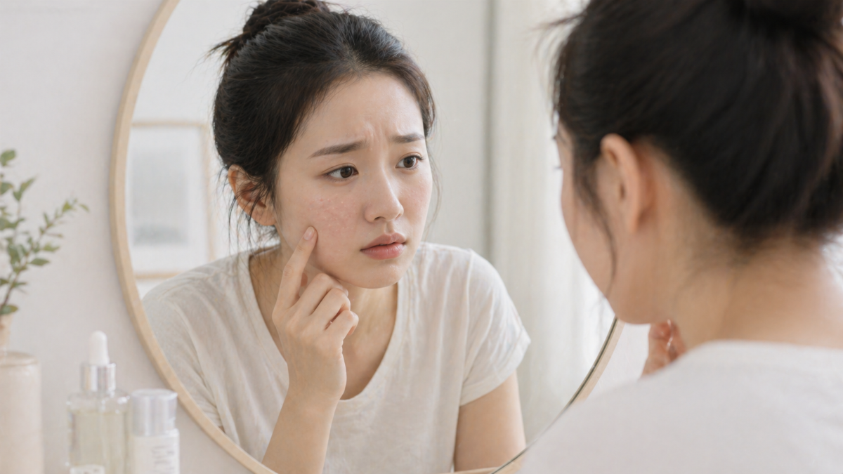 거울을 보며 피부 고민을 하는 여성