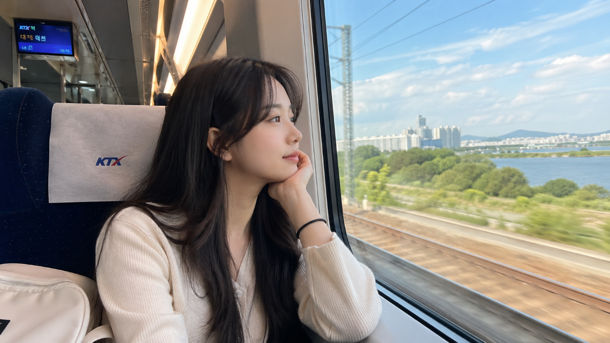 달리는 KTX 안에서 창밖을 바라보고 있는 여성