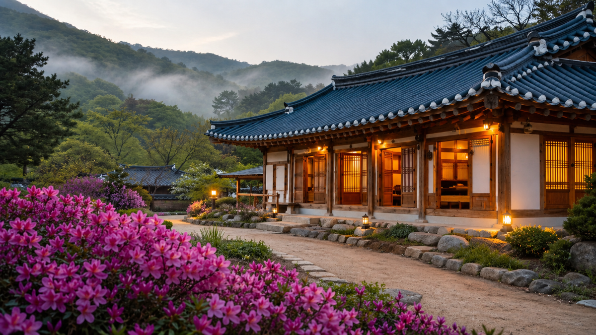 꽃이 핀 한옥의 모습