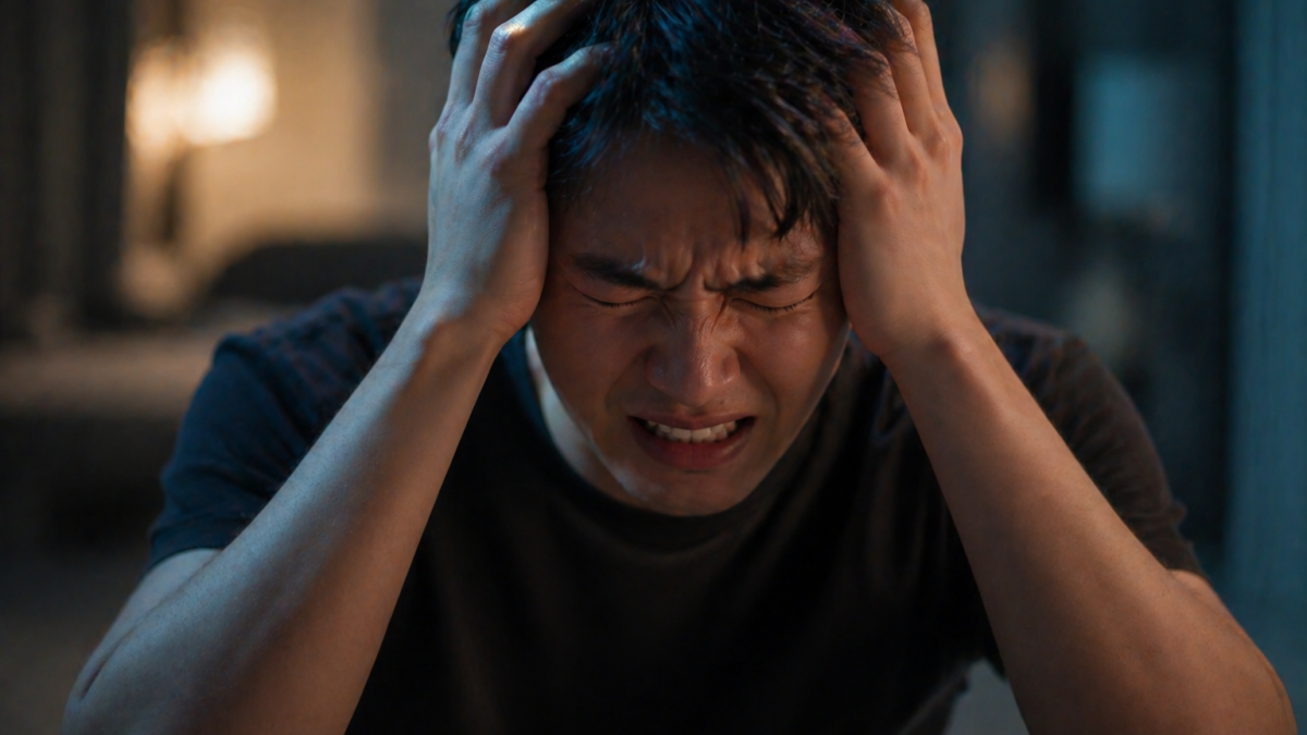 두통으로 머리를 감싸 쥔 사람