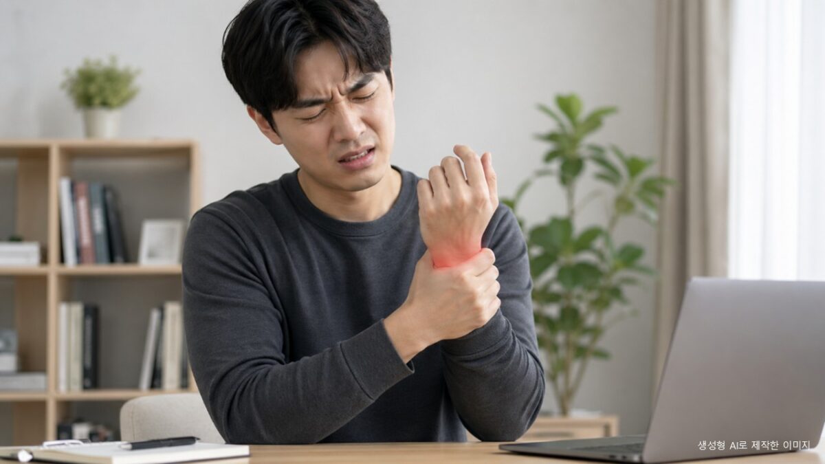 손목 통증으로 손목을 감싸고 있는 사람의 모습