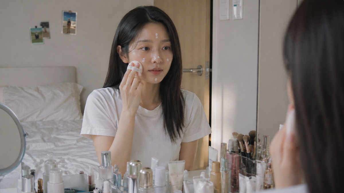 선크림을 퍼프로 얼굴에 바르는 모습