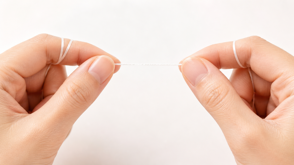 올바른 치실 사용법 양손으로 치실을 1cm 간격으로 잡고 있는 모습