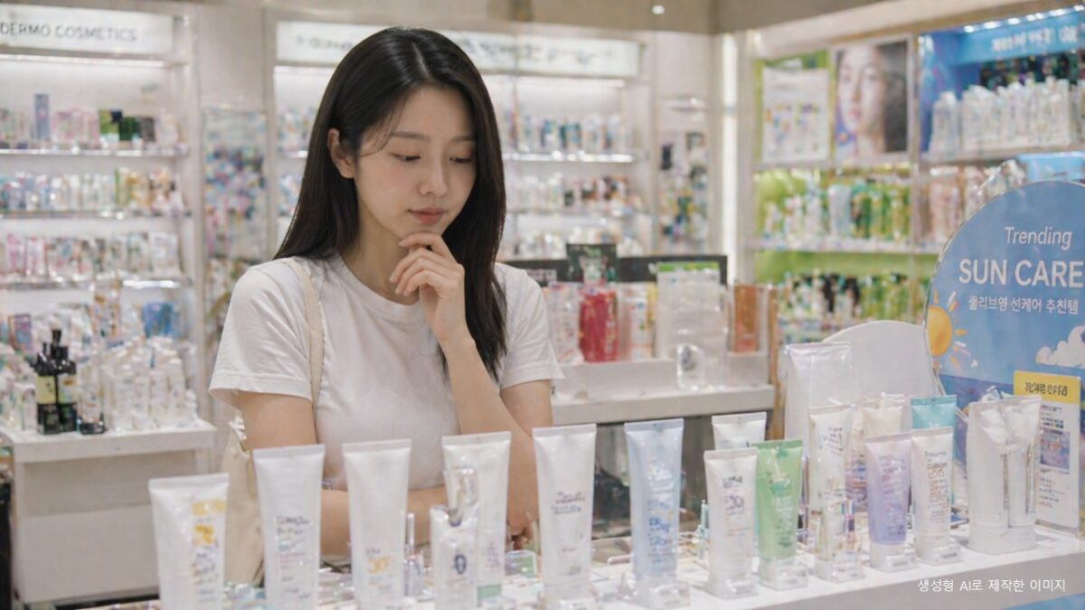 피부 타입에 맞는 선크림을 고르기 위해 다양한 제품을 비교하는 모습
