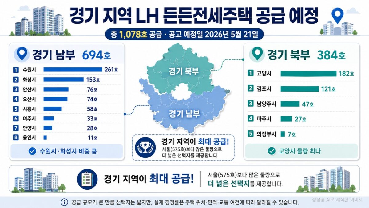 2026년 5월 LH 든든전세주택 경기 공급 지역 수원 고양 화성 등 1078호