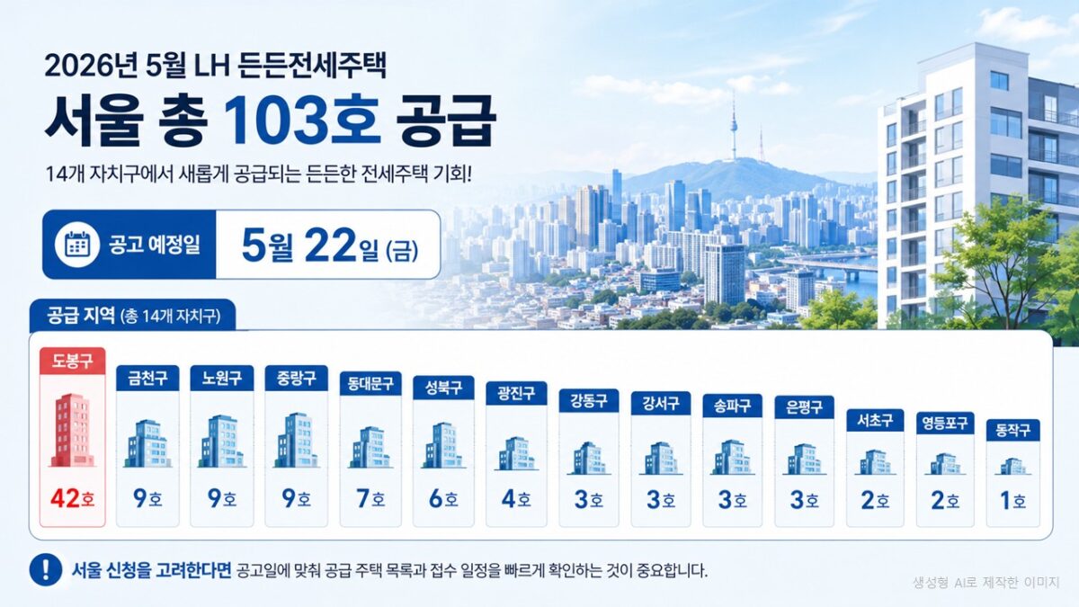 2026년 5월 LH 든든전세주택 서울 공급 지역 도봉구 노원구 등 103호