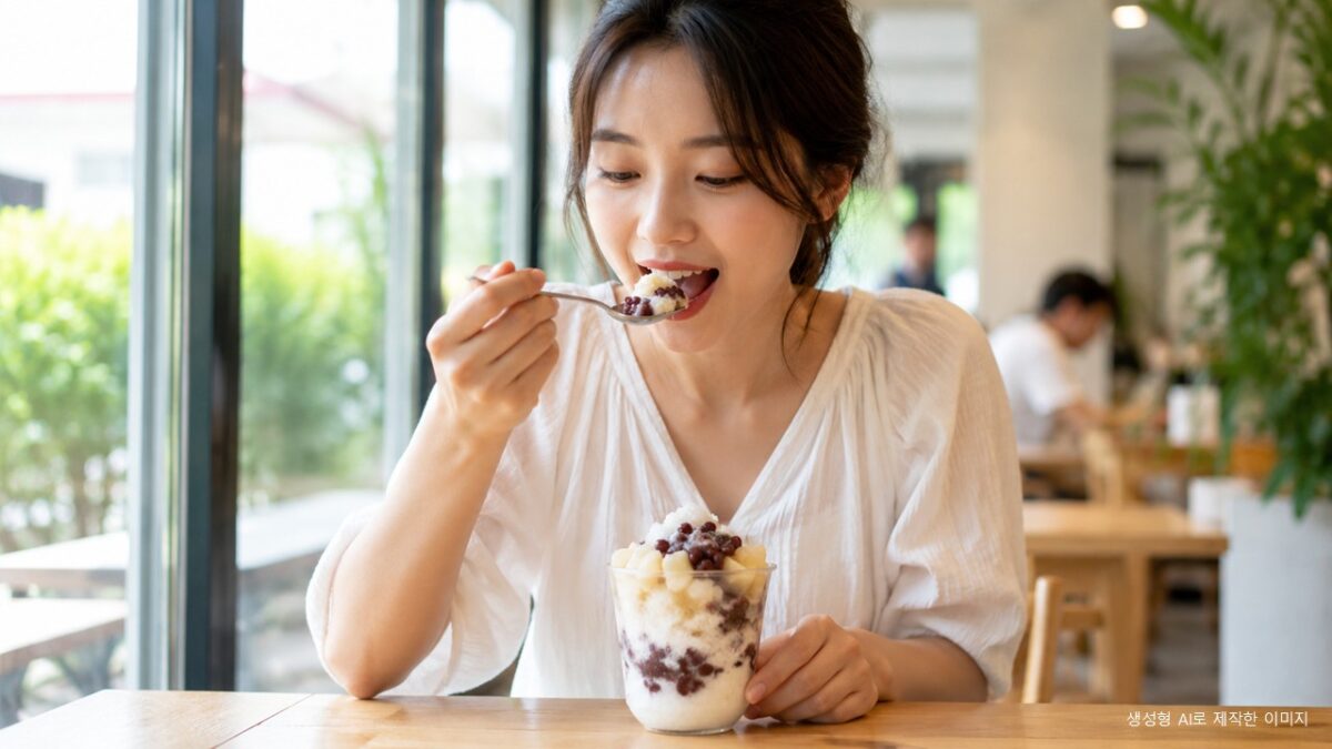 카페에서 컵빙수를 먹고 있는 사람