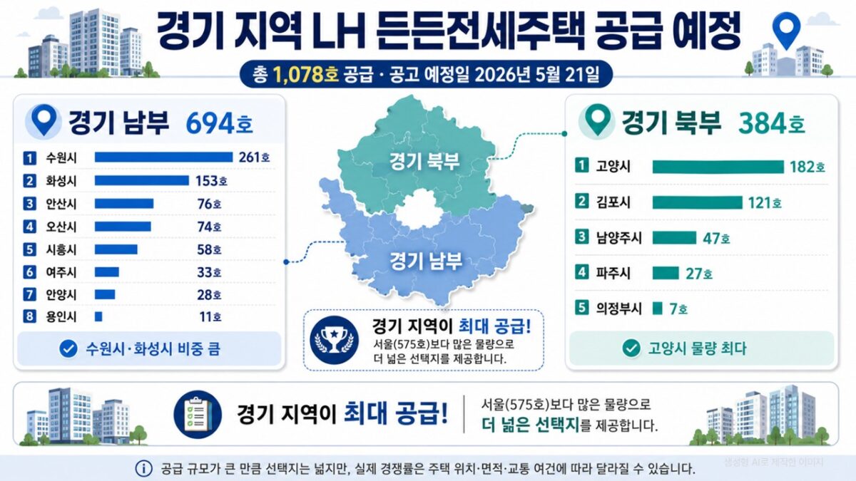 2026년 5월 LH 든든전세주택 경기 공급 지역 수원 고양 화성 등 1078호